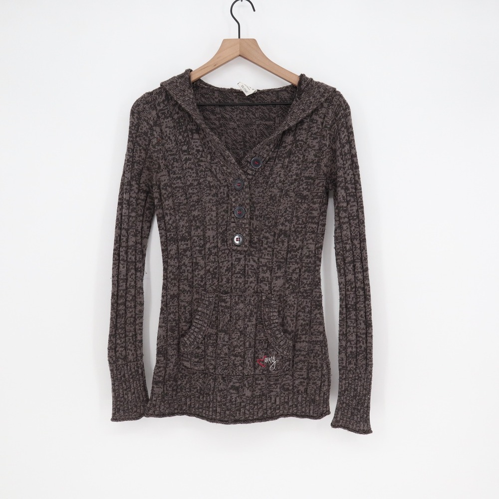 Roxy Womens Brown Marled Knit Button Henley Hoodie Sweater Size M